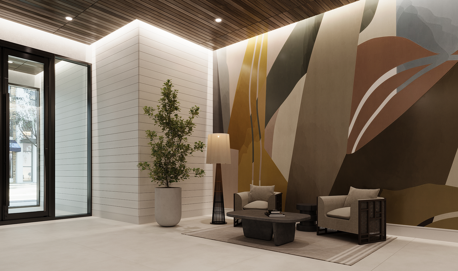 Commercial interior lounge with mural wall